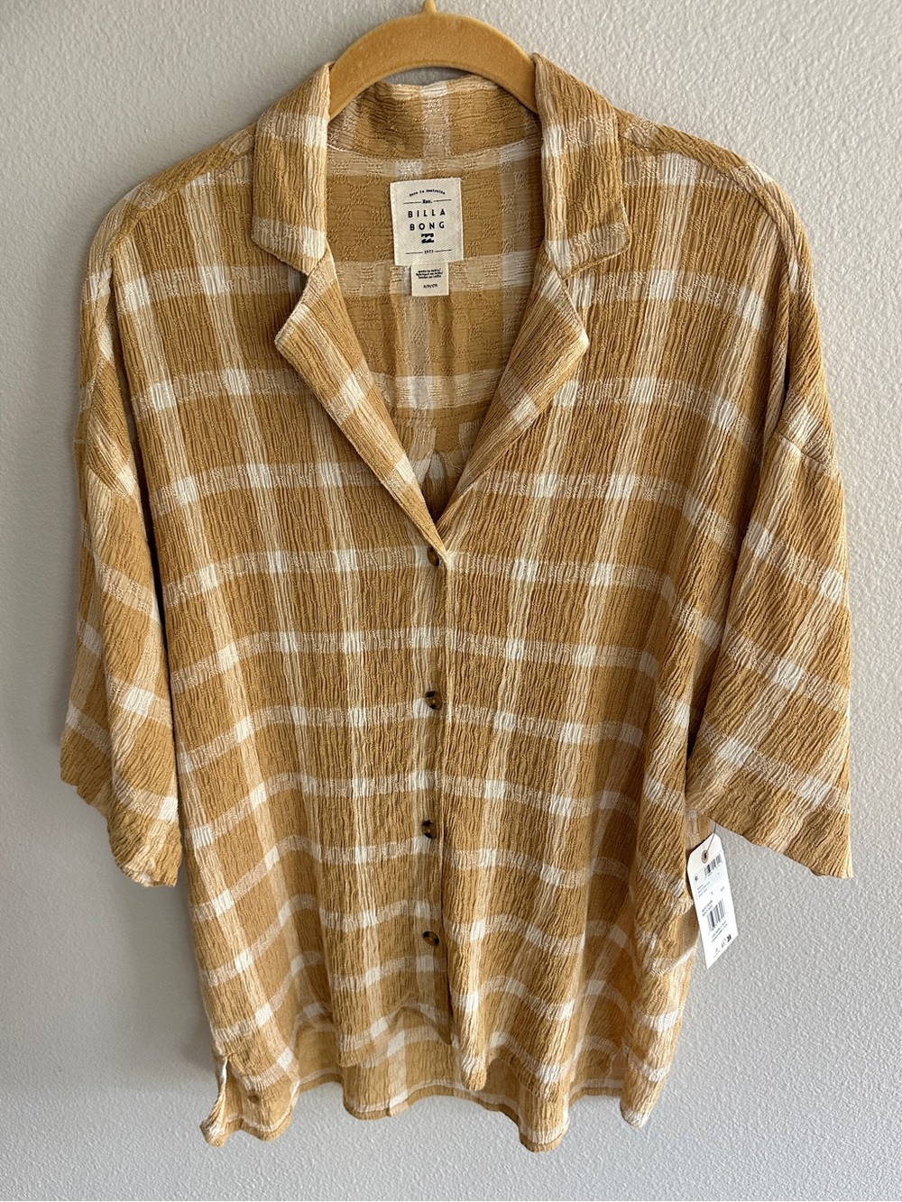 Billabong Beach Side Tan Plaid Button Fly Shirt Oversized NWT